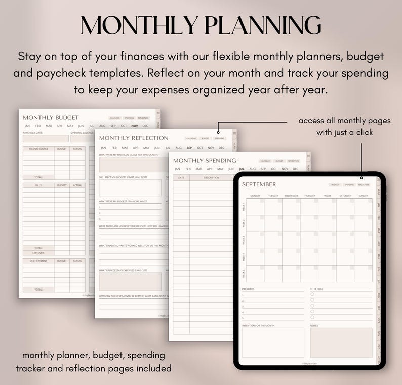 May include: Digital monthly planner with budget, spending, and reflection pages. The planner includes a calendar view for September and is designed to help users track expenses and stay organized. The text on the image reads "MONTHLY PLANNING".