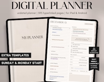 Planificador digital sin fecha, planificador para iPad y Android, planificador GoodNotes, calendario digital, diario, semanal y mensual, planificador para iPad 2024 2025