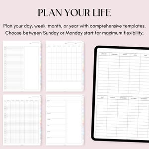 May include: A set of printable planner pages for organizing your day, week, month, or year. The pages are designed with a grid layout and include space for notes and tasks. The planner pages are available in both Sunday and Monday start formats.