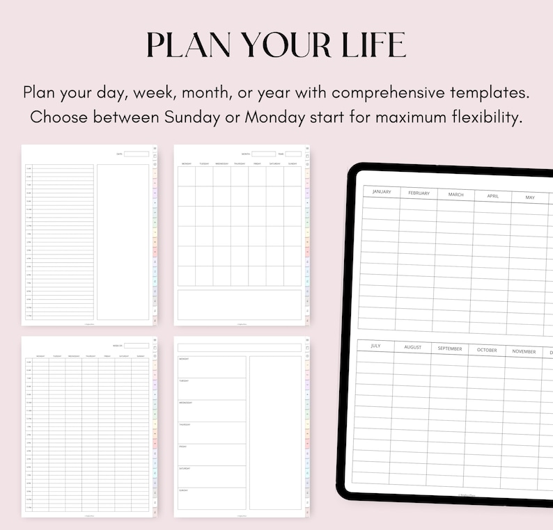 May include: A set of printable planner pages for organizing your day, week, month, or year. The pages are designed with a grid layout and include space for notes and tasks. The planner pages are available in both Sunday and Monday start formats.