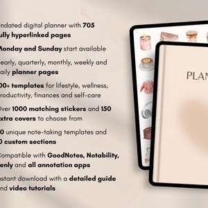 May include: A digital planner with a cream-colored cover and the word "PLANNER" in a serif font. The image shows the planner on a tablet, with a list of features including templates, stickers, and compatibility with annotation apps. The background is a soft beige.