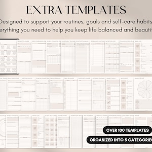 May include: A digital planner with over 100 templates organized into 5 categories. The templates are designed to support routines, goals, and self-care habits. The text "EXTRA TEMPLATES" is at the top of the image.