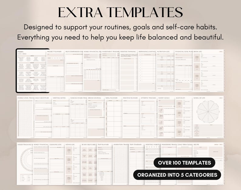 May include: A digital planner with over 100 templates organized into 5 categories. The templates are designed to support routines, goals, and self-care habits. The text "EXTRA TEMPLATES" is at the top of the image.