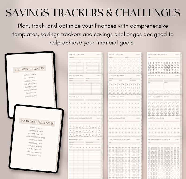 May include: Digital financial planning templates with the text "SAVINGS TRACKERS & CHALLENGES". The image shows a tablet with "SAVINGS TRACKERS" and "SAVINGS CHALLENGES" on the screen, along with several printable financial planning pages.