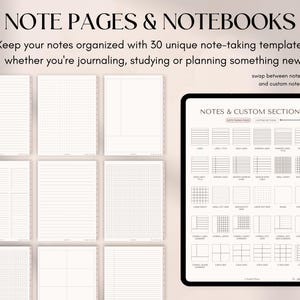 May include: Digital notebook templates with various layouts, including lined, dotted, and grid pages. The image shows a tablet displaying different note-taking templates, with the text "NOTE PAGES & NOTEBOOKS".