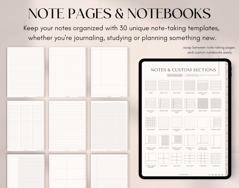 May include: Digital notebook templates with various layouts, including lined, dotted, and grid pages. The image shows a tablet displaying different note-taking templates, with the text "NOTE PAGES & NOTEBOOKS".