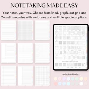 May include: A digital tablet displaying a variety of note-taking templates, including lined, graph, dot grid, and Cornell styles. The templates are available in 16 different colors. "NOTETAKING MADE EASY" and "YEARLY MONTHLY WEEKLY & DAILY PAGES" are written on the screen.
