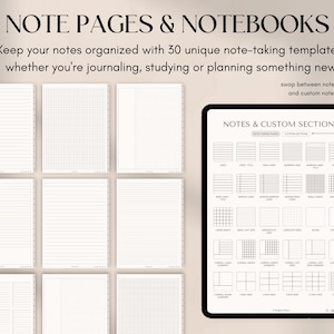 May include: Digital notebook pages and templates. The image shows various note-taking templates, including lined, grid, and Cornell-style layouts. The text reads "NOTE PAGES & NOTEBOOKS" and "Keep your notes organized with 30 unique note-taking templates."