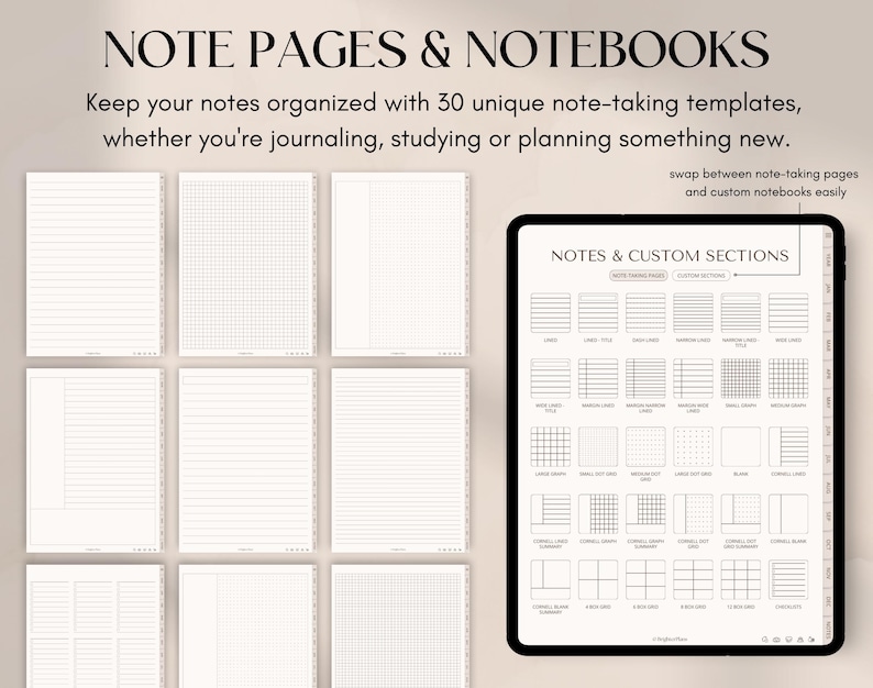 May include: Digital notebook pages and templates. The image shows various note-taking templates, including lined, grid, and Cornell-style layouts. The text reads "NOTE PAGES & NOTEBOOKS" and "Keep your notes organized with 30 unique note-taking templates."