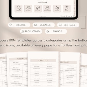 May include: A digital planner interface with icons for Lifestyle, Wellness, Self-Care, Productivity, and Finance. The screen displays templates across five categories, with the text "Access 100+ templates across 5 categories using the bottom menu icons, available on every page for effortless navigation."