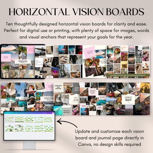 Może przedstawiać: Obraz poziomej tablicy wizji z tekstem "HORIZONTAL VISION BOARDS". Tablice są wypełnione obrazami, słowami i kotwicami wizualnymi. Tekst wspomina r&oacute;wnież, że tablice są dla jasności i łatwości, idealne do użytku cyfrowego lub drukowania.