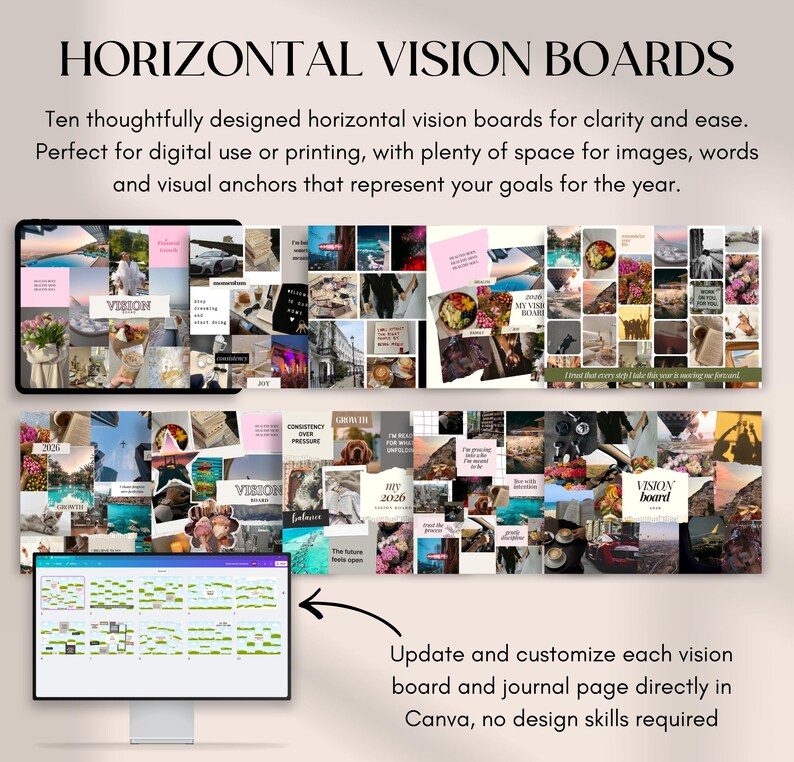 Może przedstawiać: Obraz poziomej tablicy wizji z tekstem "HORIZONTAL VISION BOARDS". Tablice są wypełnione obrazami, słowami i kotwicami wizualnymi. Tekst wspomina r&oacute;wnież, że tablice są dla jasności i łatwości, idealne do użytku cyfrowego lub drukowania.