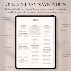 May include: A digital planner on a tablet screen with the title "INDEX". The planner features sections for yearly, monthly, and financial planning, with links to various budgeting and savings trackers. The text "QUICK & EASY NAVIGATION" is at the top.