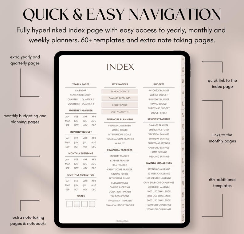 May include: A digital planner on a tablet screen with the title "INDEX". The planner features sections for yearly, monthly, and financial planning, with links to various budgeting and savings trackers. The text "QUICK & EASY NAVIGATION" is at the top.