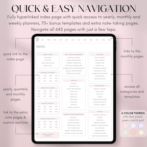 May include: Digital planner on a tablet screen with a pink and white interface. The planner features an index page with links to yearly, monthly, and custom sections, plus templates. Six color themes are available.