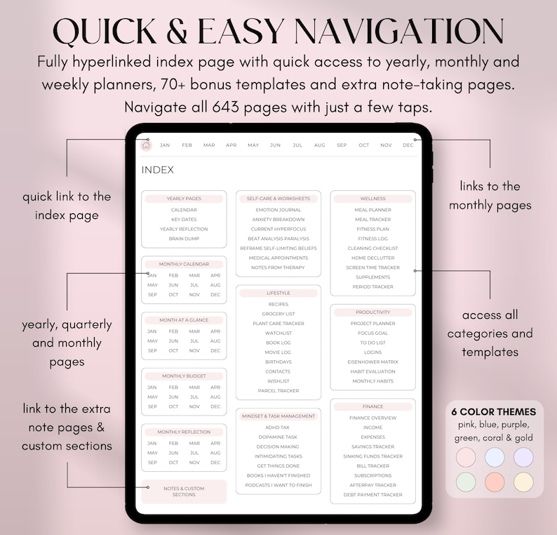 May include: Digital planner on a tablet screen with a pink and white interface. The planner features an index page with links to yearly, monthly, and custom sections, plus templates. Six color themes are available.