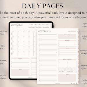 May include: A digital planner with the text "DAILY PAGES" and "OCTOBER" displayed. The planner features a calendar view and a daily layout with sections for priorities, to-do lists, meals, and notes. The design is minimalist and organized.