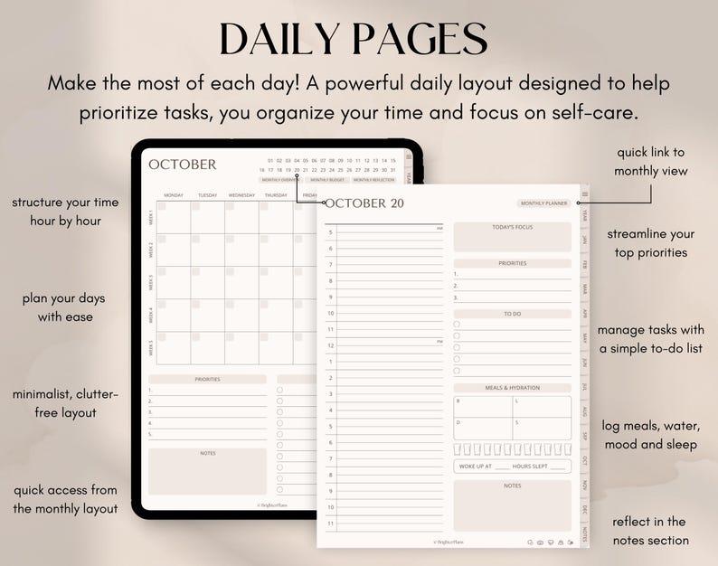 May include: A digital planner with the text "DAILY PAGES" and "OCTOBER" displayed. The planner features a calendar view and a daily layout with sections for priorities, to-do lists, meals, and notes. The design is minimalist and organized.