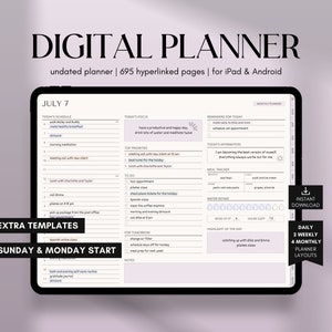 Puede incluir: Una interfaz de aplicación de planificador digital con un fondo morado. La aplicación está abierta al 7 de julio y muestra una agenda diaria, una lista de tareas, recordatorios y un rastreador de comidas. La aplicación también incluye plantillas adicionales para el domingo y el lunes.
