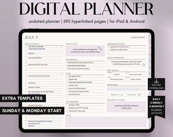 Digitale planner ongedateerd, GoodNotes kalender, iPad & Android planner, digitaal dagboek, dagelijks, wekelijks, maandelijks 2024 ongedateerd Notability Planner