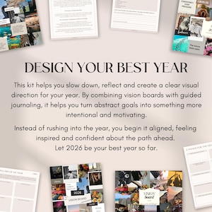 Może przedstawiać: Zestaw stron z tablicą wizji i dziennikiem z tekstem "DESIGN YOUR BEST YEAR". Strony zawierają kolaże zdjęć, podpowiedzi dotyczące wyznaczania cel&oacute;w i rok "2026". Tematem przewodnim jest planowanie i autorefleksja.