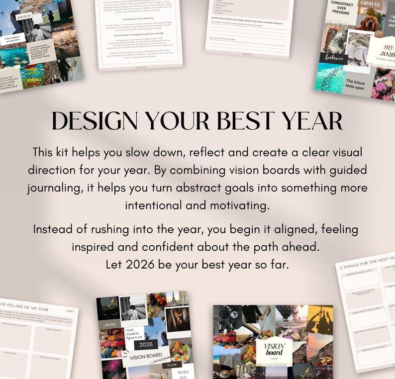 Może przedstawiać: Zestaw stron z tablicą wizji i dziennikiem z tekstem "DESIGN YOUR BEST YEAR". Strony zawierają kolaże zdjęć, podpowiedzi dotyczące wyznaczania cel&oacute;w i rok "2026". Tematem przewodnim jest planowanie i autorefleksja.