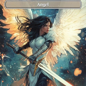 Custom Angel-tokens (opties voor folie en niet-folie), graphic novel-stijl proxy, vliegen, waakzaamheid, handgemaakt voor magie, commandant, andere formaten