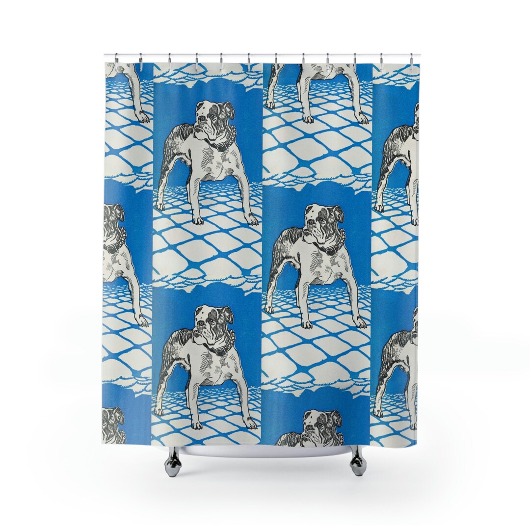 Shower Curtain Pop Art Style Bulldog 1912 Jung Blue Dog Quality Made Wedding Gift Couple Unique