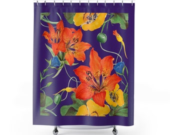 Large Flower Pattern Artwork Purple Fabric Shower Curtain, Cute Boho Style for Home or Bathroom Décor