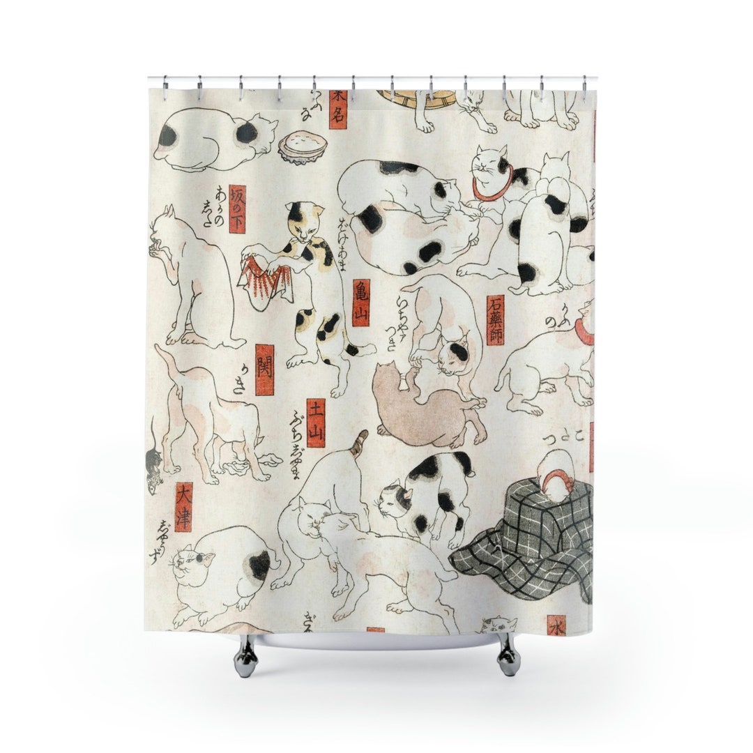 Shower Curtain Cats Japanese Asian Art Calico Cat Bathroom Decor Etsy