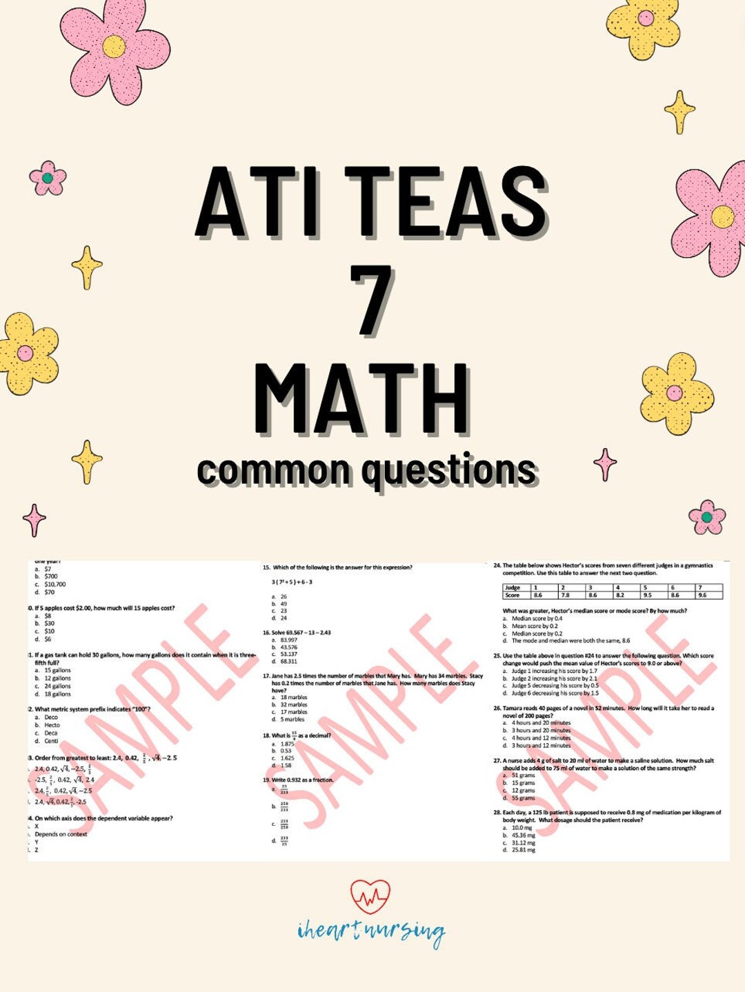 ATI TEAS 7 MATH Common Questions Asked on the Exam with Etsy
