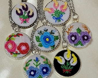 Embroidered Flowers Necklace | Rare find, Double-Sided embroidered necklace pendant, hand embroidery jewelry, Unique Gift, floral, flower