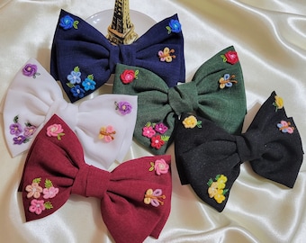 Embroidered Floral Hair Clip: Handmade Cotton Bow