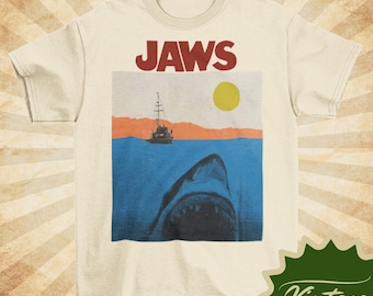 JAWS Boat  -  Classic Vintage Style Natural Crewneck T-shirt - Unisex | Movie shirt | Sharkweek Shirt |