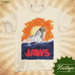 JAWS Shark Bite  - Vintage Style Natural Crewneck T-shirt - Unisex | Movie poster shirt | Sharkweek Shirt |