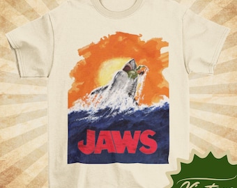 JAWS Shark Bite  - Vintage Style Natural Crewneck T-shirt - Unisex | Movie poster shirt | Sharkweek Shirt |