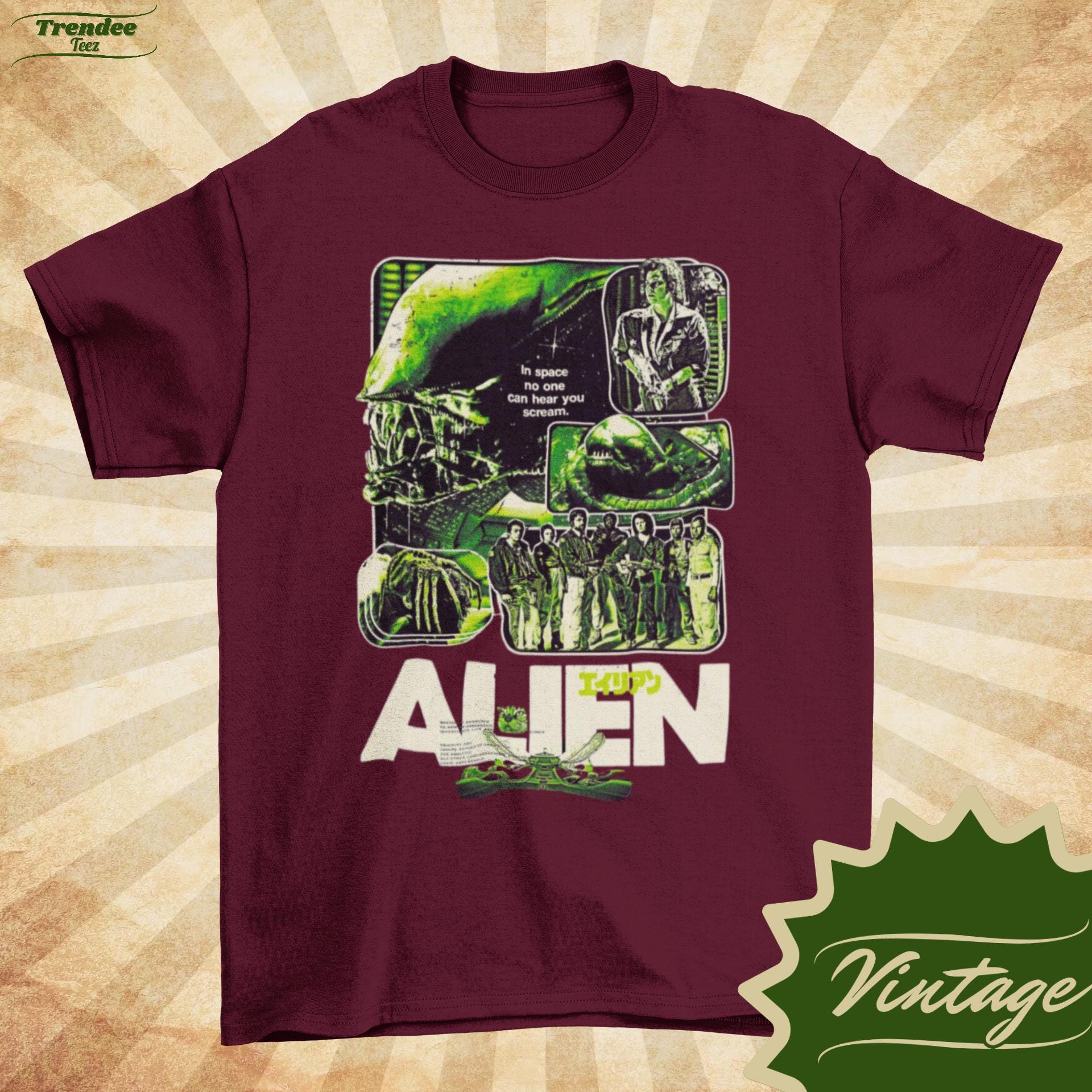 ALIEN - Retro Vintage Style Natural Crewneck T-shirt - Unisex | Movie ...