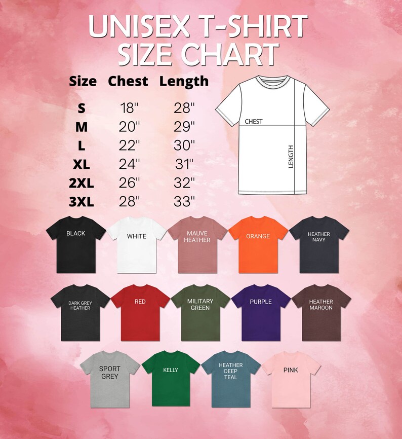 a t - shirt size chart with different colors and sizes