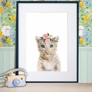 PRINTABLE Baby White Tiger Animal Print Flower Crown - Girl Jungle Nursery Wall Art - Girl Decor - Safari White Tiger Cub - DIGITAL DOWNLOAD