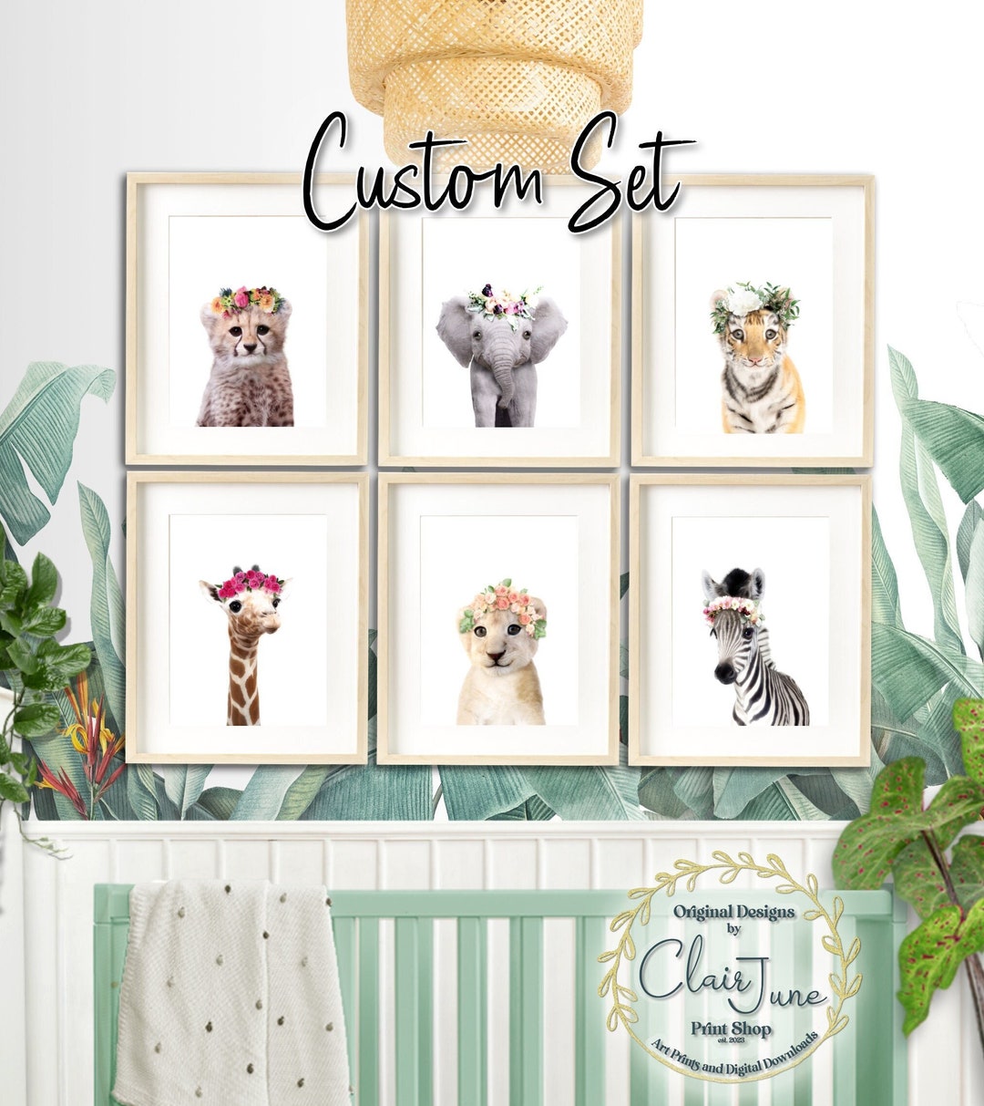 PRINTABLE Set of 6 Custom Safari Baby Animal Flower Crown Wreath Prints ...