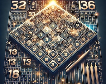 Könnte beinhalten: Ein Sudoku-Rätselbuch mit dem Titel SUDOKU PUZZLE BOOK OVER 100 HARD LEVEL PUZZLES, das ein dunkles, metallisches Gitterdesign mit goldfarbenen Zahlen, ein rautenförmiges Spielfeld und einen Metallstift auf der Oberfläche zeigt.