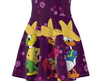 May include: A high-waisted skater skirt in deep purple featuring a repeating pattern of small pink flowers. The skirt displays a graphic print of three cartoon birds wearing yellow sombreros, including a green parrot, a red rooster, and a white duck.