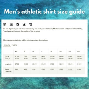 May include: A white size guide for men's athletic shirts, with measurements in inches. The guide includes chest width, length, and sleeve length for sizes XS to 4XL. Washing instructions are also included.