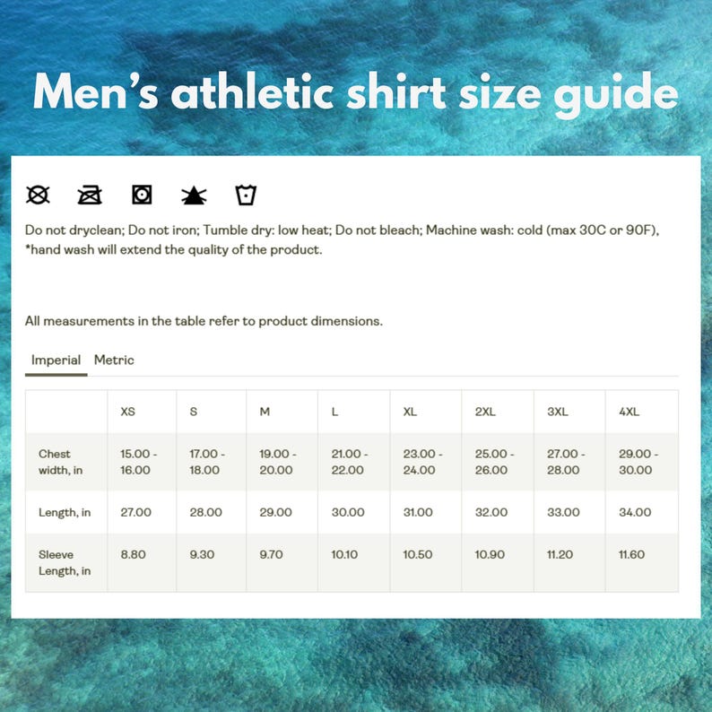 May include: A white size guide for men's athletic shirts, with measurements in inches. The guide includes chest width, length, and sleeve length for sizes XS to 4XL. Washing instructions are also included.