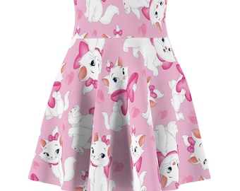 May include: A pink skater skirt featuring a repeating pattern of white cartoon cats with pink bows. The cats are in various poses against a background of pink hearts. The skirt has a high waist design.