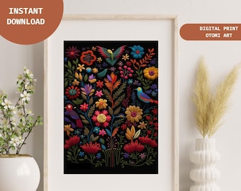 Kleurrijke Otomi-kunstprint: Mexicaanse volkskunst muurdecoratie (digitale download)