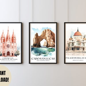 Mexico Art Prints Mexico Wall Art Mexico Travel Poster Vintage Wall Art Mexican Art Cactus Print Mexican Decor Digital Download Set of 3