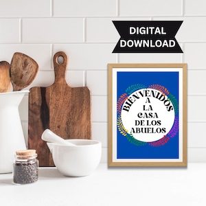 Arte de pared imprimible "Bienvenidos a la Casa de los Abuelos", refranes de mamá hispana, arte descargable, blanco y negro, decoración de oficina, póster