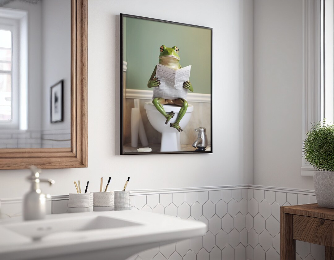Funny Frog on Toilet Print: Newspaper Reading, Bathroom Wall Art ...