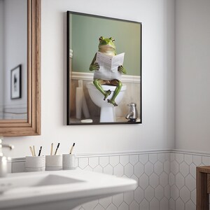 Frog Sitting on the Toilet Reading a Newspaper, Funny Bathroom Wall Decor, Funny Animal Print, Home Printables, AI Digital Art